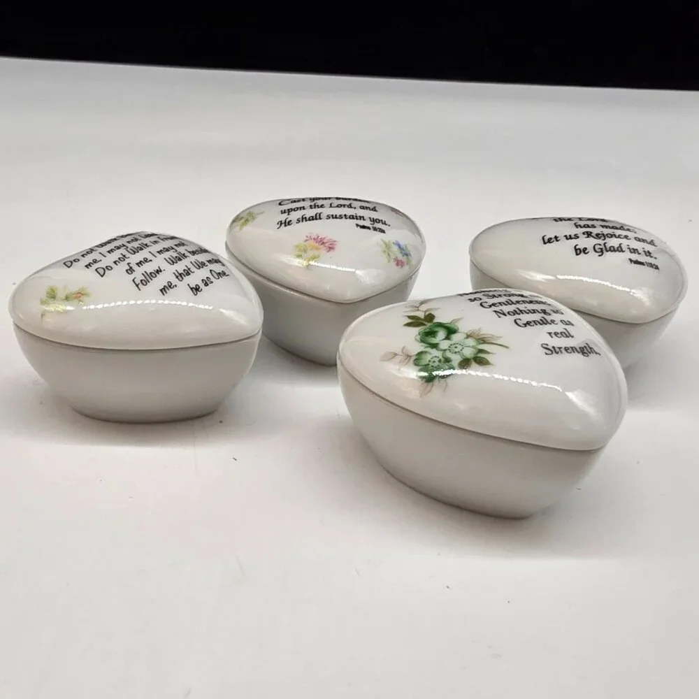Heart-Shaped Porcelain Trinket Boxes With Inspirational Quotes & Floral Set 4